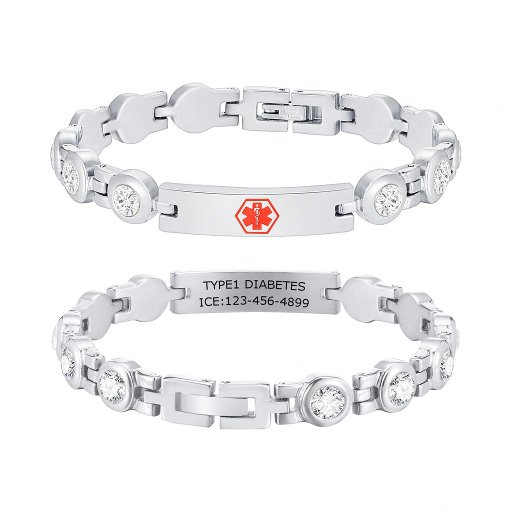 Custom Engraved Stainless Steel Rhinestone ID Bracelet