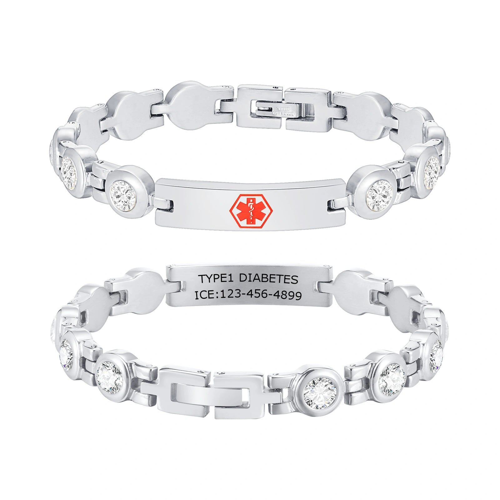 Custom Engraved Stainless Steel Rhinestone ID Bracelet
