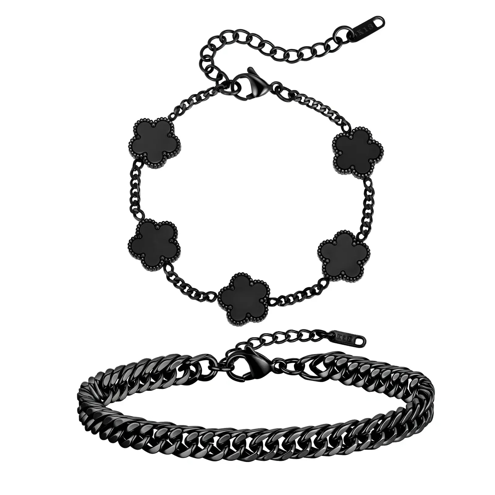 Flower Motif Cuban Link Bracelet Set