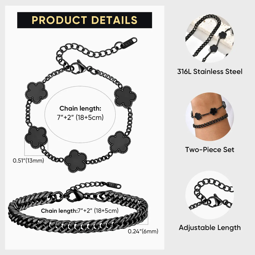 Flower Motif Cuban Link Bracelet Set