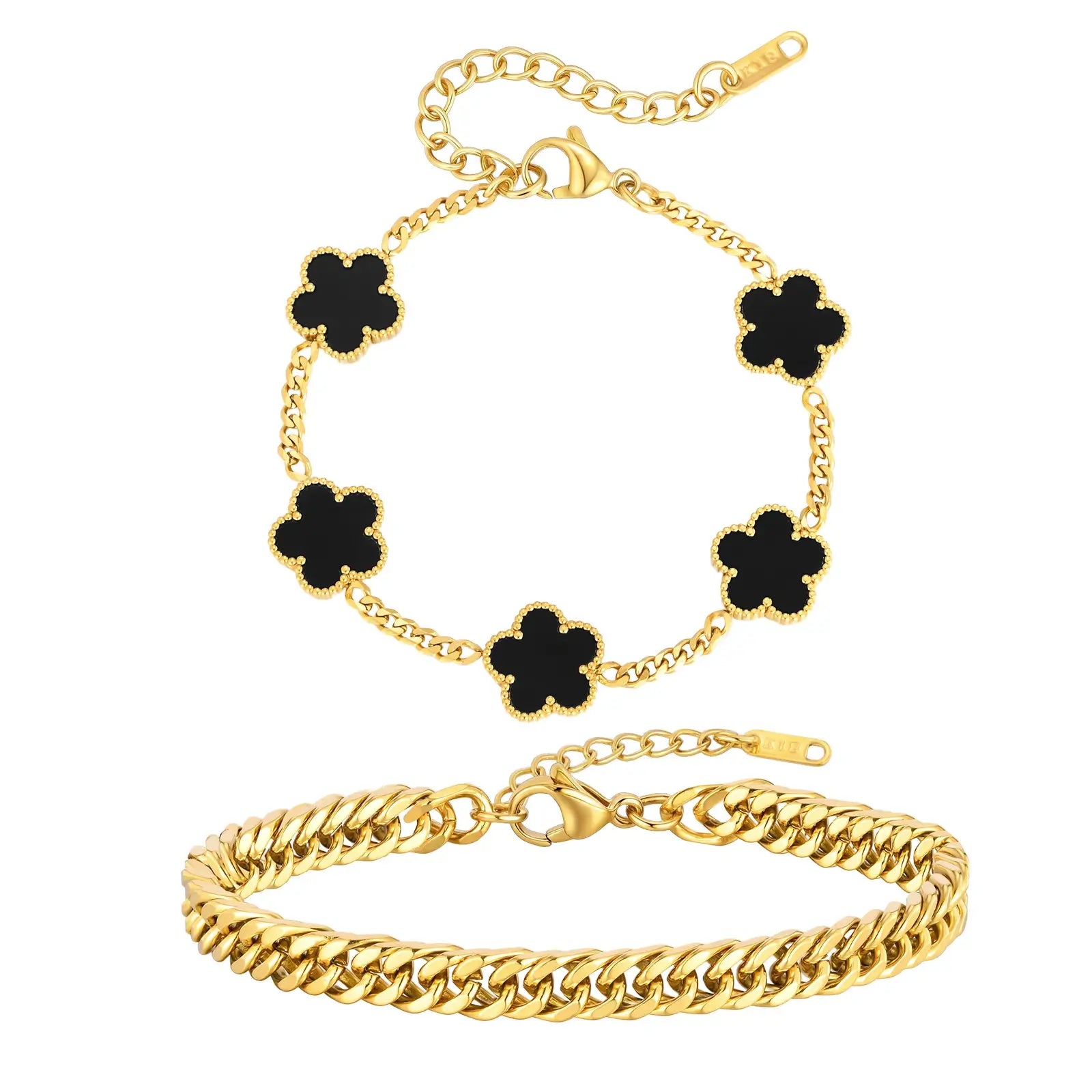 Flower Motif Cuban Link Bracelet Set