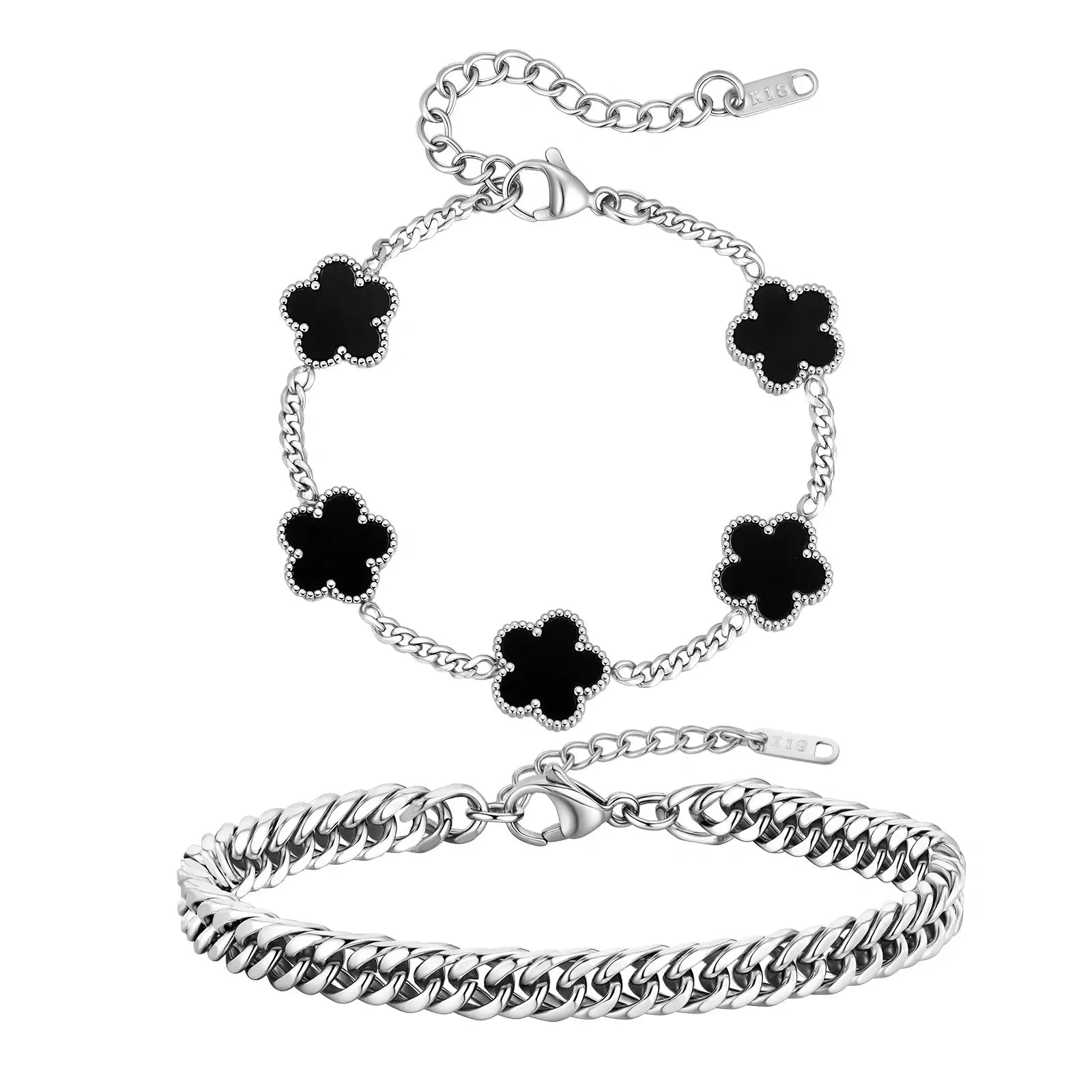 Flower Motif Cuban Link Bracelet Set