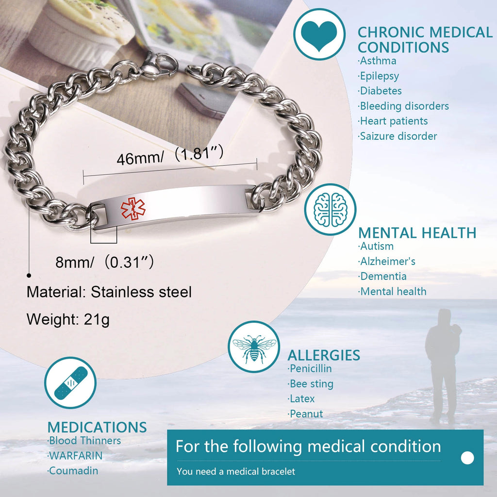 Personalized Stainless Steel Medical ID Curb Chain Bracelet