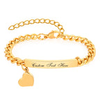 Personalized women's gold-tone curb chain ID bracelet with engraved plate and heart charm