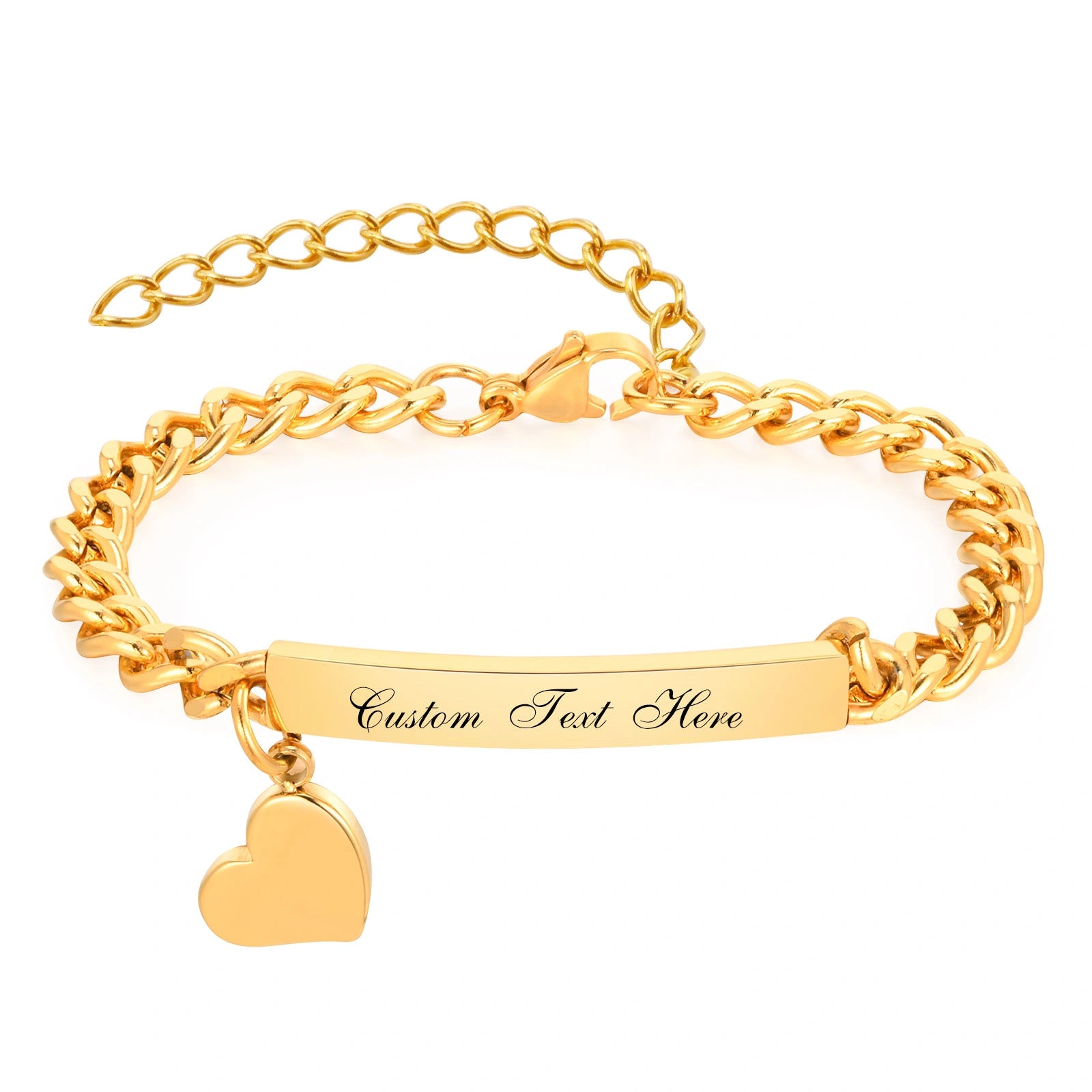 Personalized women's gold-tone curb chain ID bracelet with engraved plate and heart charm