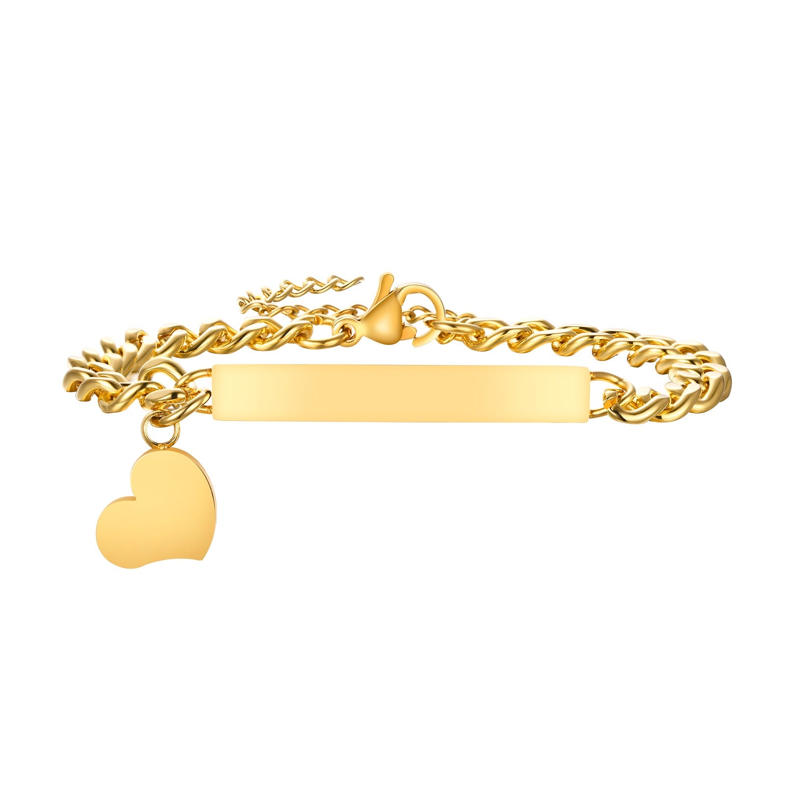 Personalized Stainless Steel Curb Chain Bracelet with Heart Charm