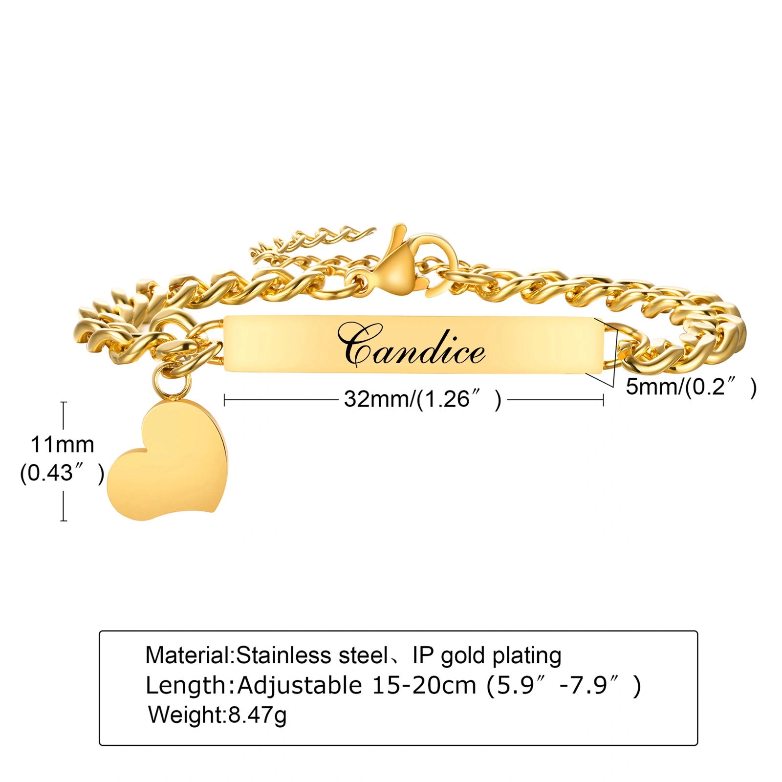 Personalized Stainless Steel Curb Chain Bracelet with Heart Charm