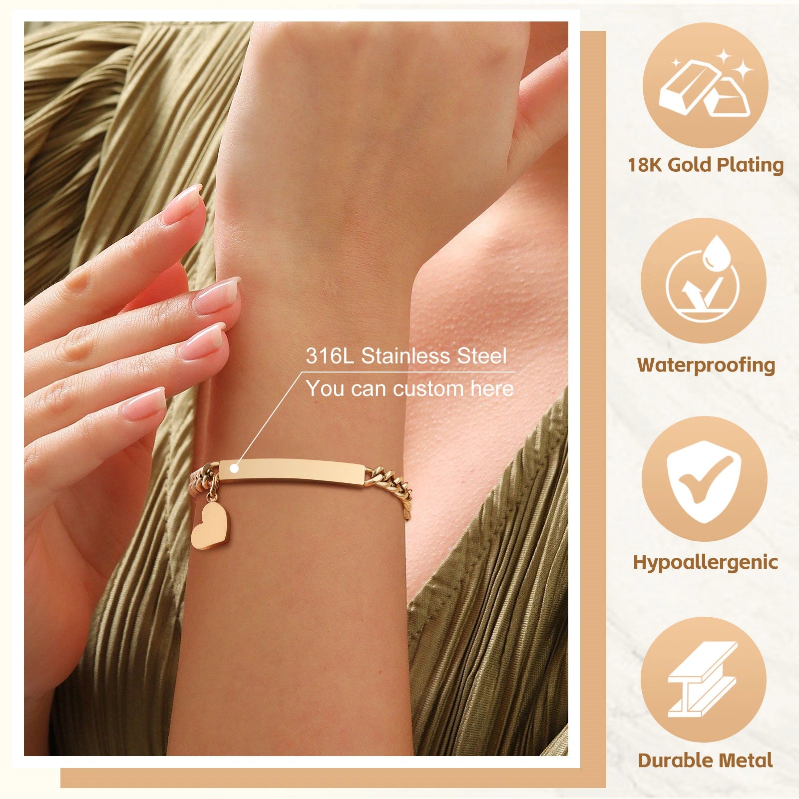 Personalized Stainless Steel Curb Chain Bracelet with Heart Charm