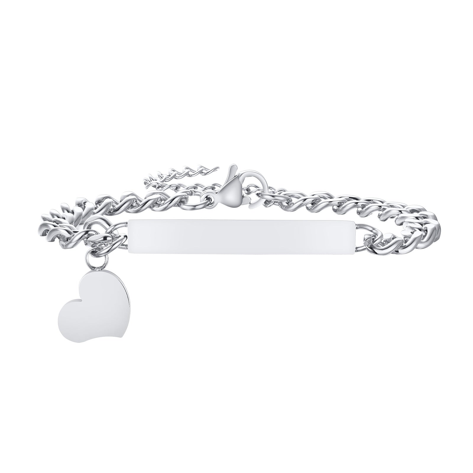 Personalized Stainless Steel Curb Chain Bracelet with Heart Charm