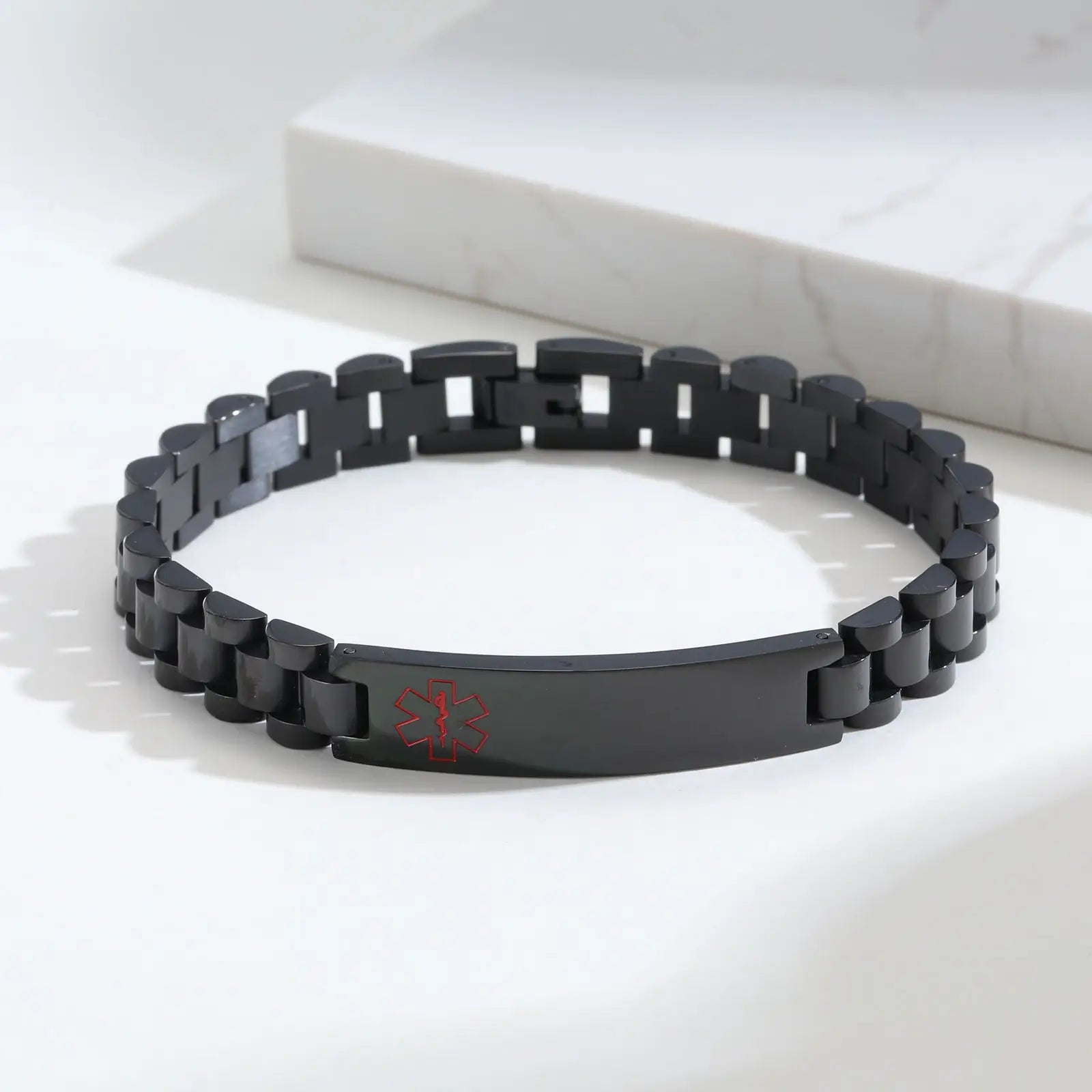 Custom Stainless Steel Link Medical ID Bracelet with Red Symbol