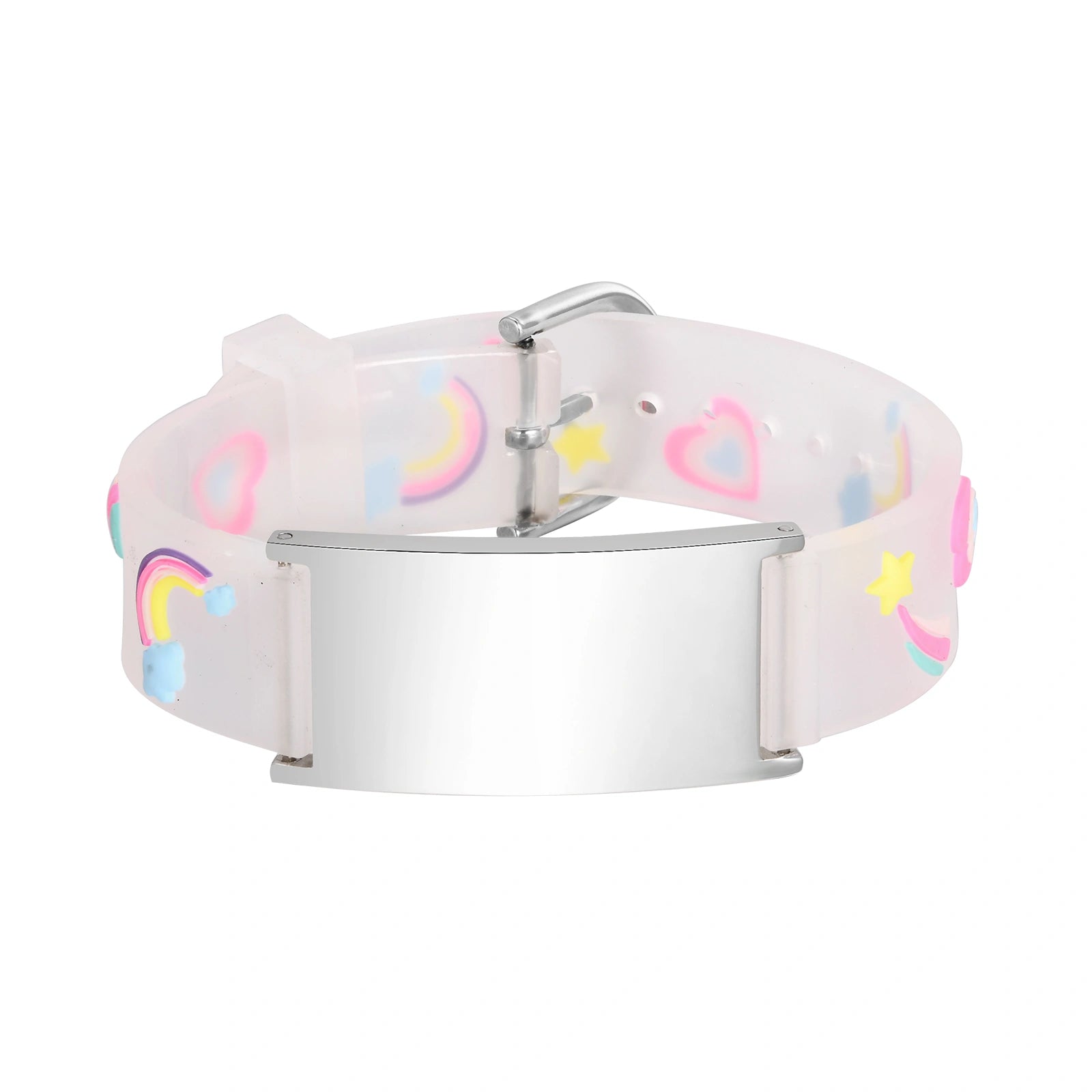 Personalized kids medical ID bracelet with stainless steel engraving plate and white rainbow silicone band