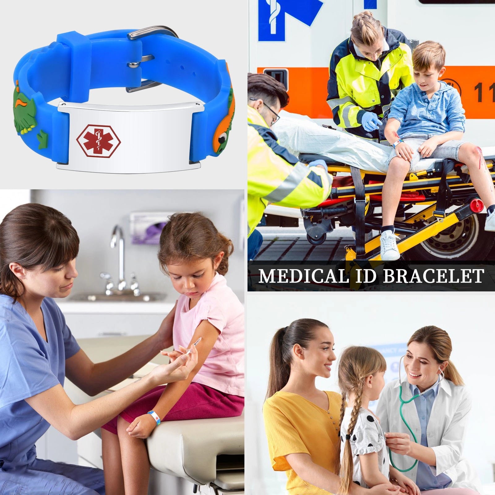 Custom Adjustable Silicone Kids Medical ID Bracelet - Blue & Silver