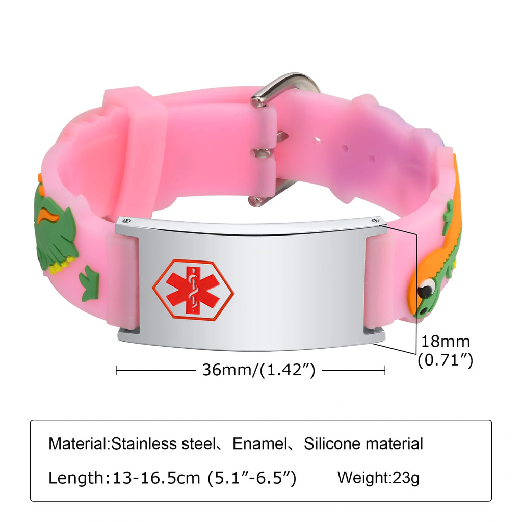 Custom Adjustable Silicone Kids Medical ID Bracelet-Pink & Silver
