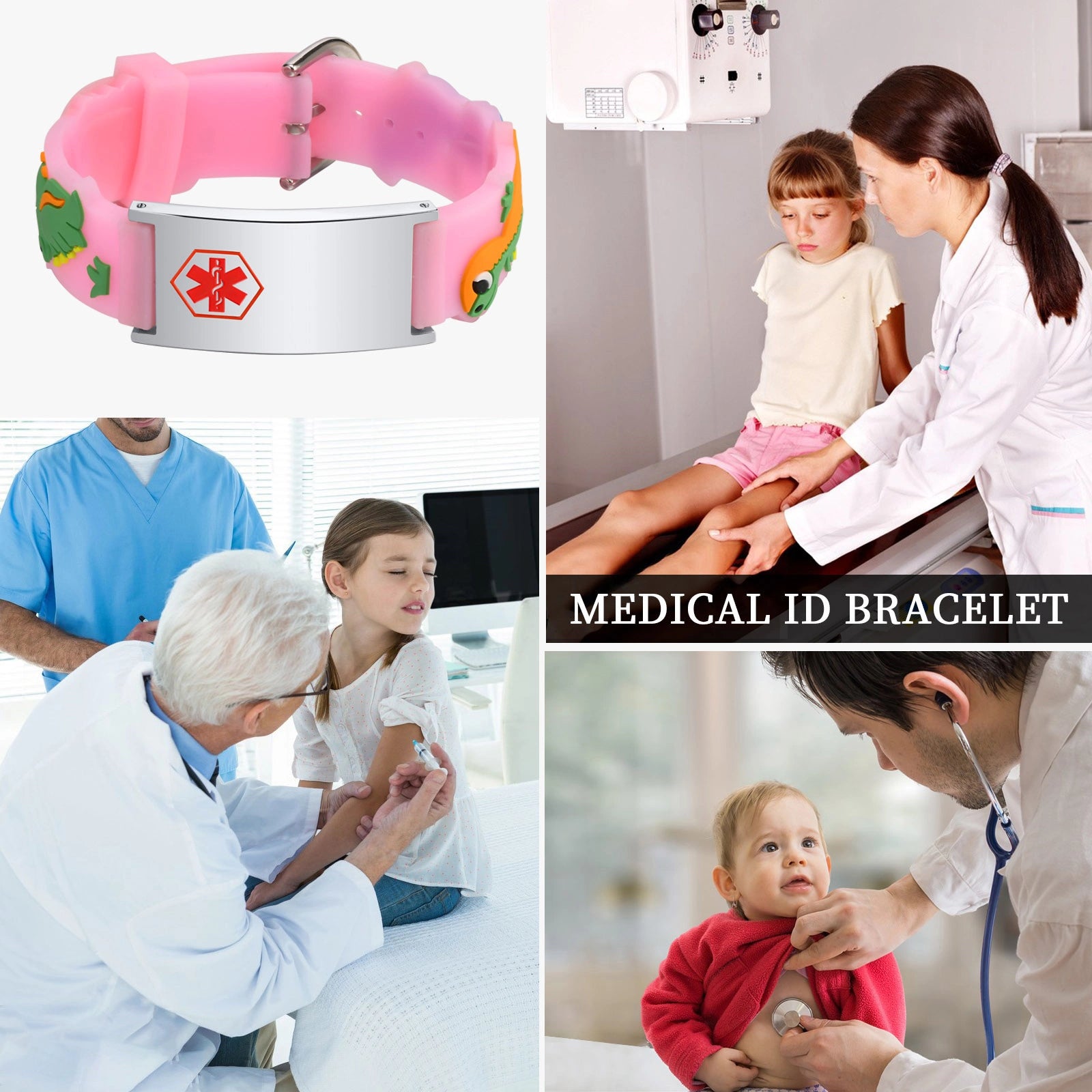 Custom Adjustable Silicone Kids Medical ID Bracelet-Pink & Silver