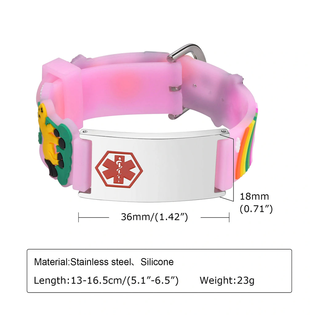 Kids Unicorn Medical ID Silicone Bracelet - Pink
