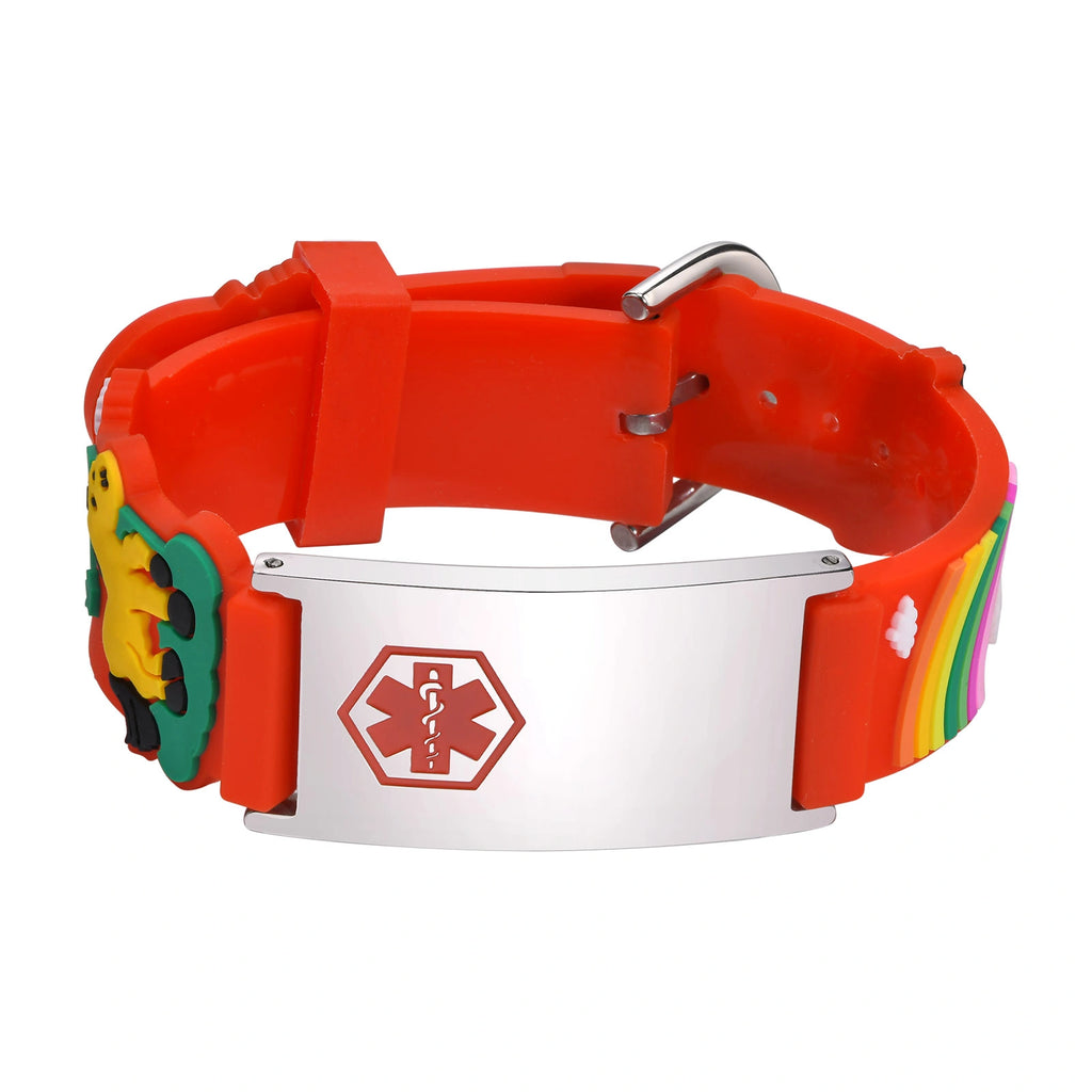 Kids Unicorn Medical ID Silicone Bracelet - Red