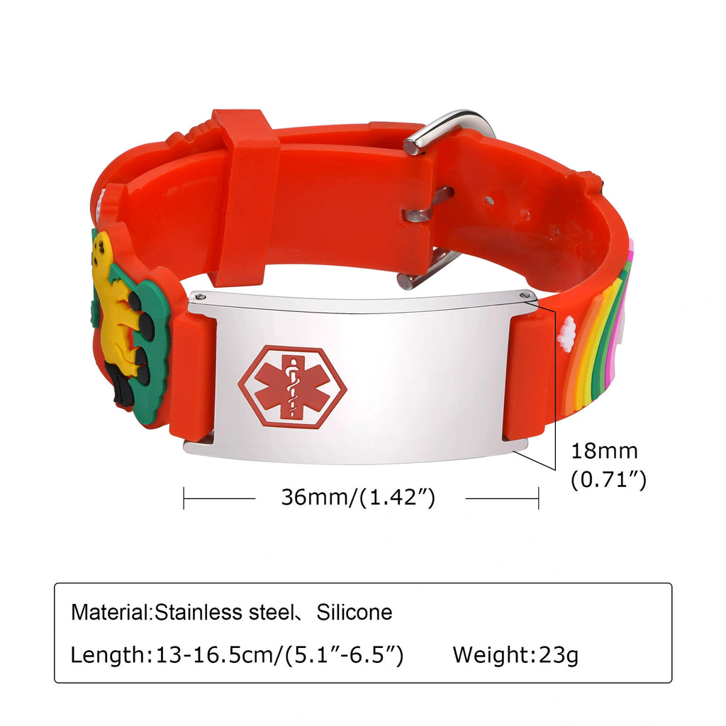 Kids Unicorn Medical ID Silicone Bracelet - Red