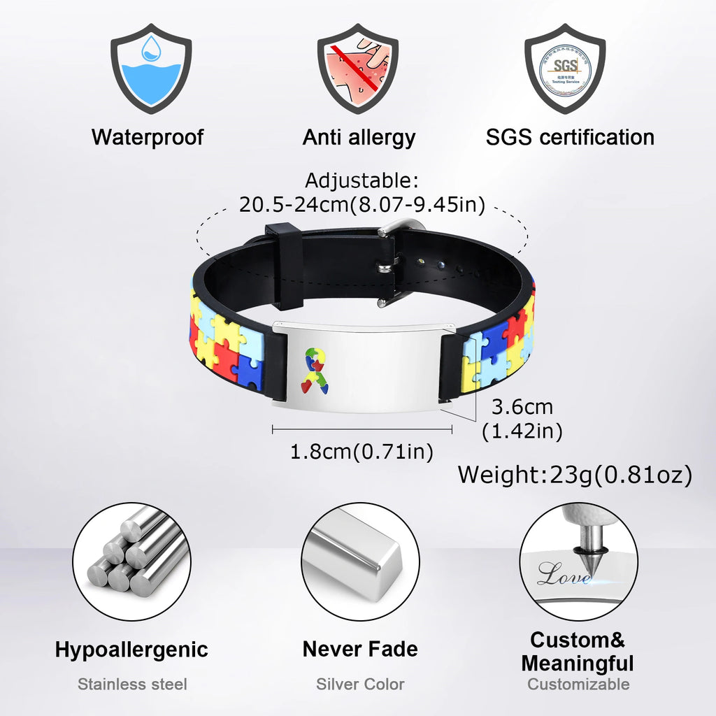 Personalized Teen Medical ID Bracelet with Colorful Puzzle Band