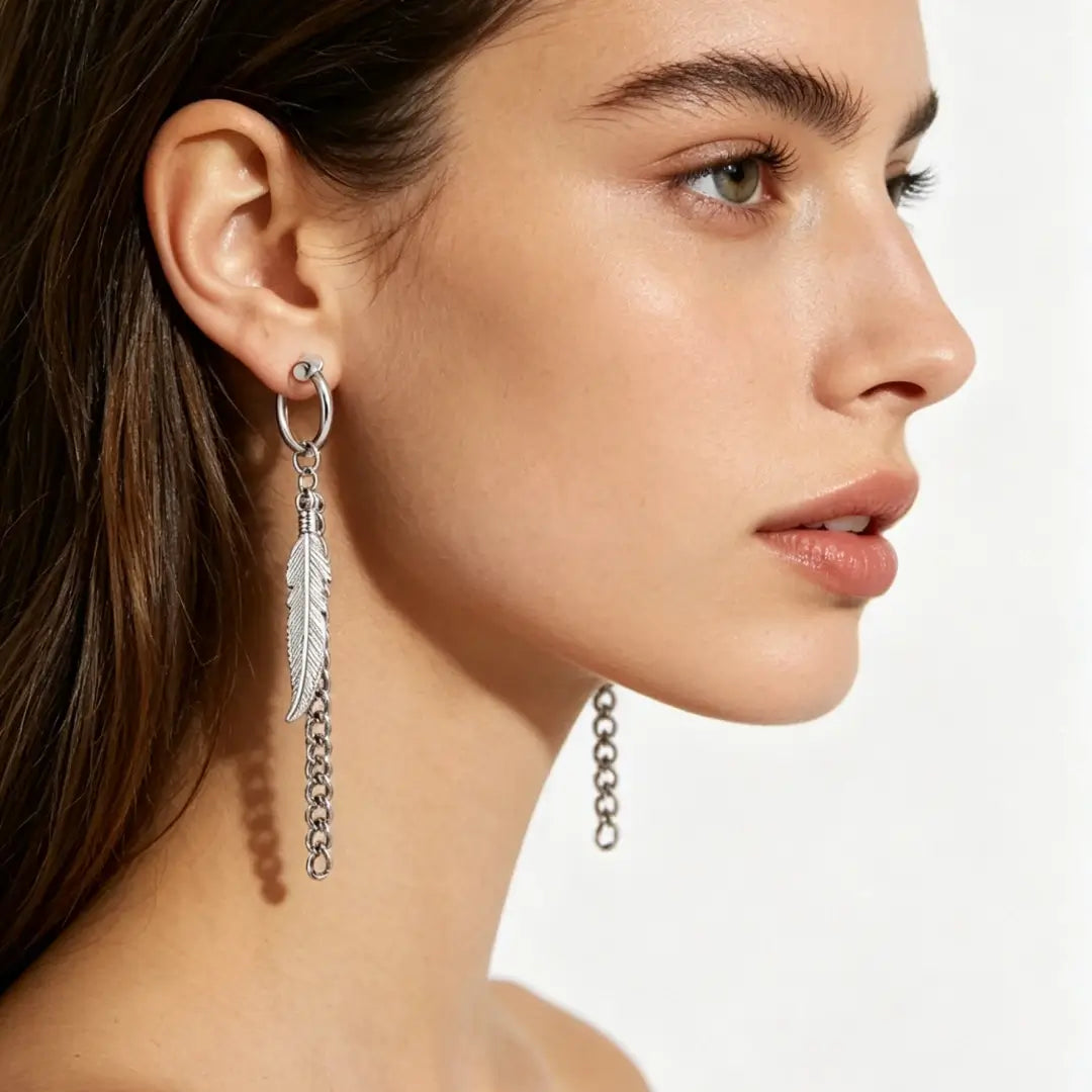 Feather Dangle Stainless Steel Hoop Earrings - No Piercing Required