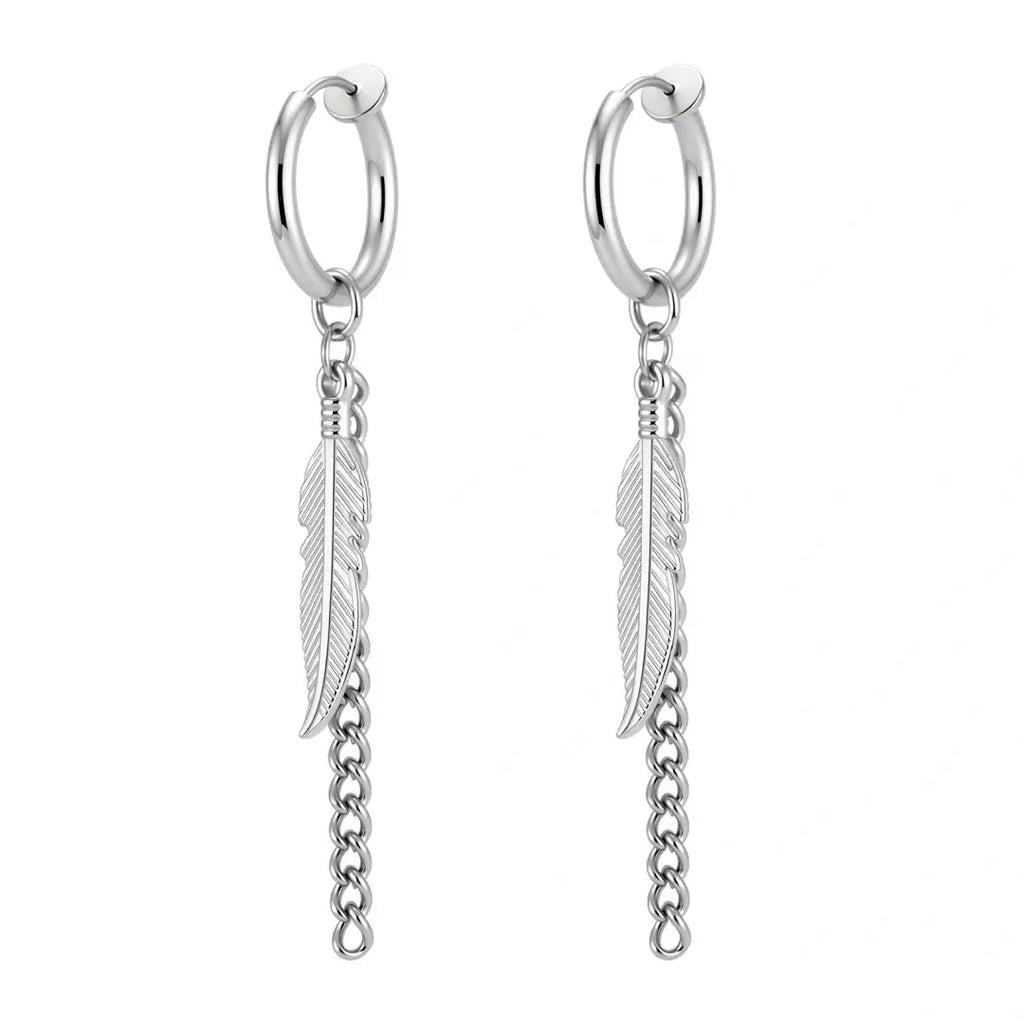 Feather Dangle Stainless Steel Hoop Earrings - No Piercing Required
