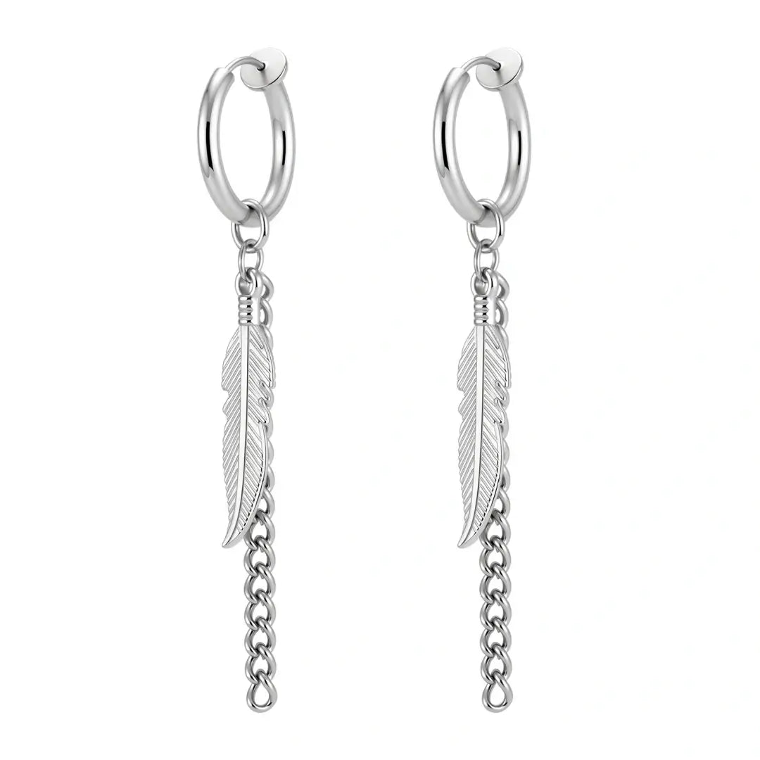 Feather Dangle Stainless Steel Hoop Earrings - No Piercing Required