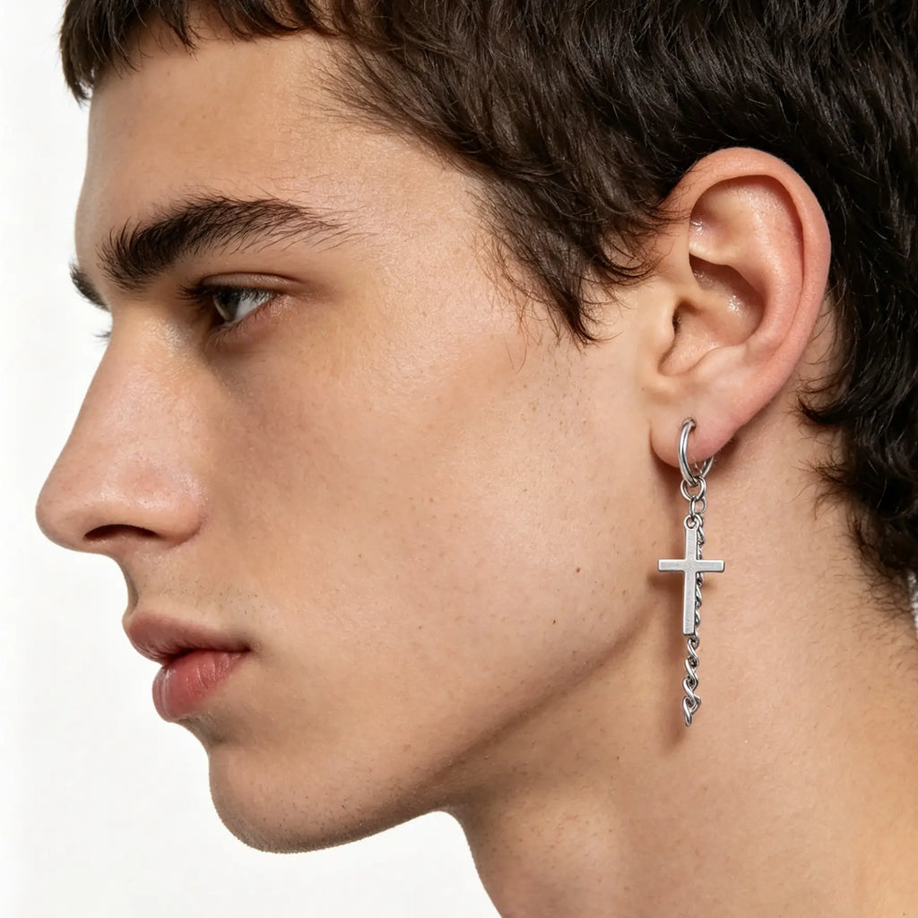 Cross Pendant Chain Stainless Steel Hoop Earrings-No Piercing Required