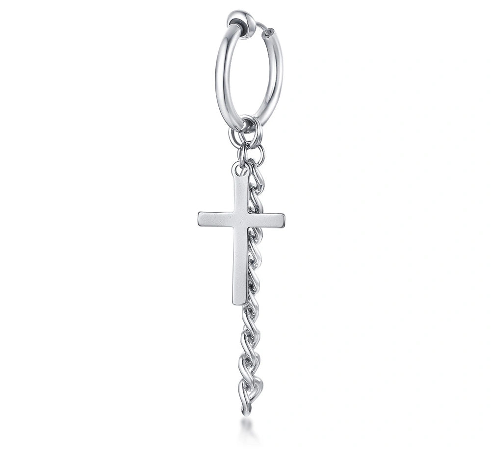 Cross Pendant Chain Stainless Steel Hoop Earrings-No Piercing Required