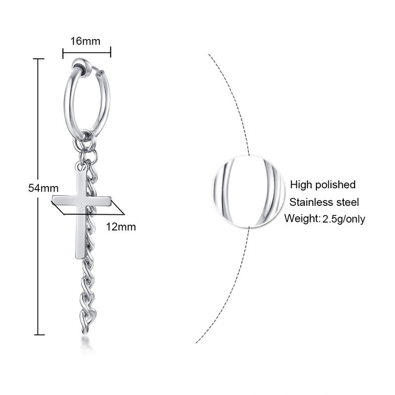 Cross Pendant Chain Stainless Steel Hoop Earrings-No Piercing Required