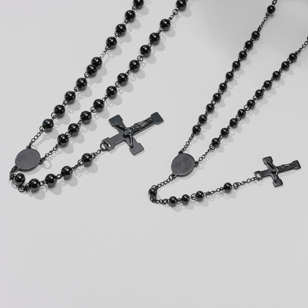 Long Rosary Cross Pendant Necklace