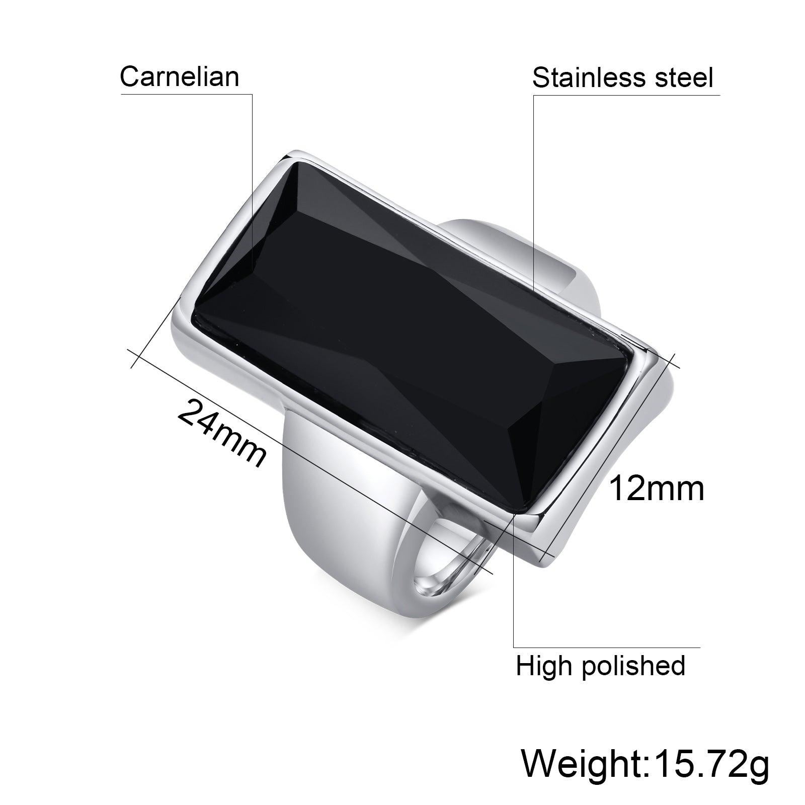 Rectangular Black Glass Crystal Stainless Steel Ring