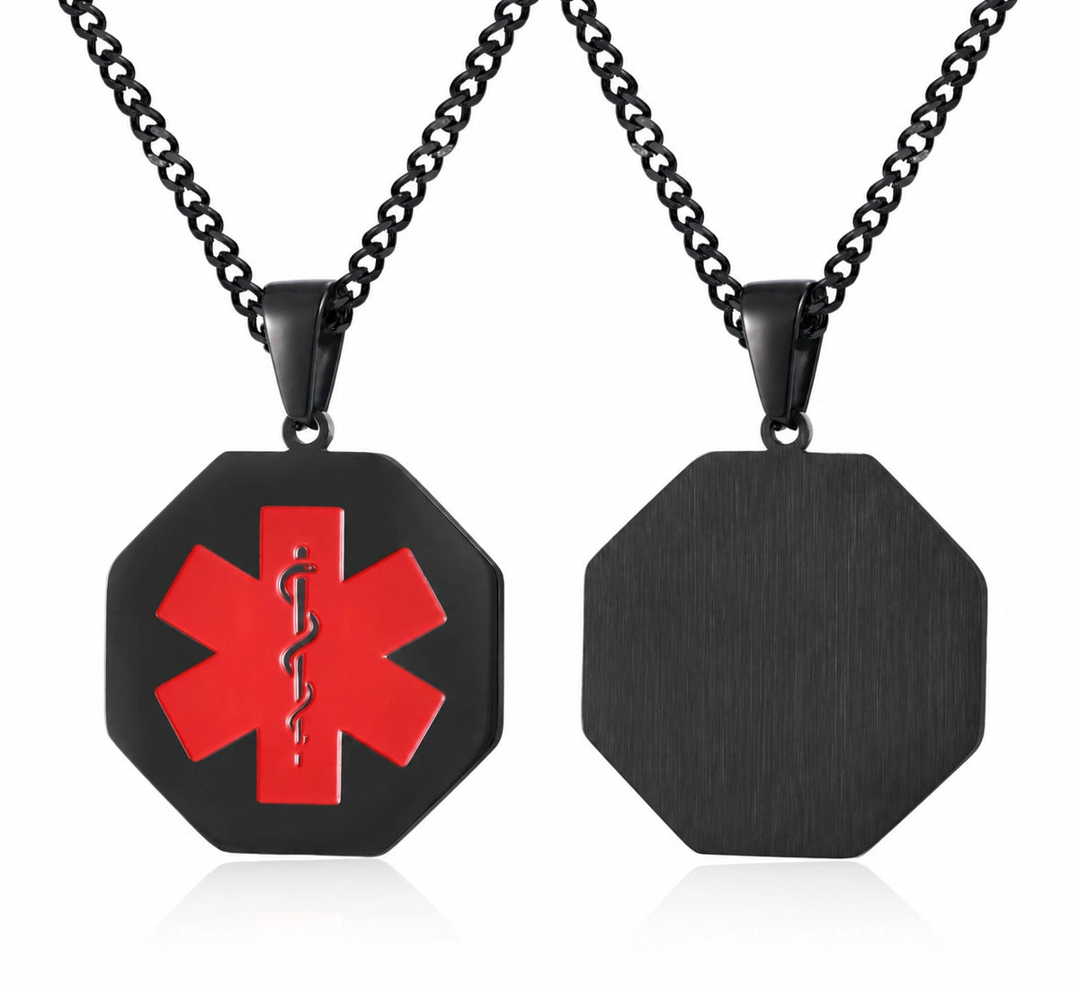 Black stainless steel octagonal medical ID necklace shown from front and back with red medical alert symbol.