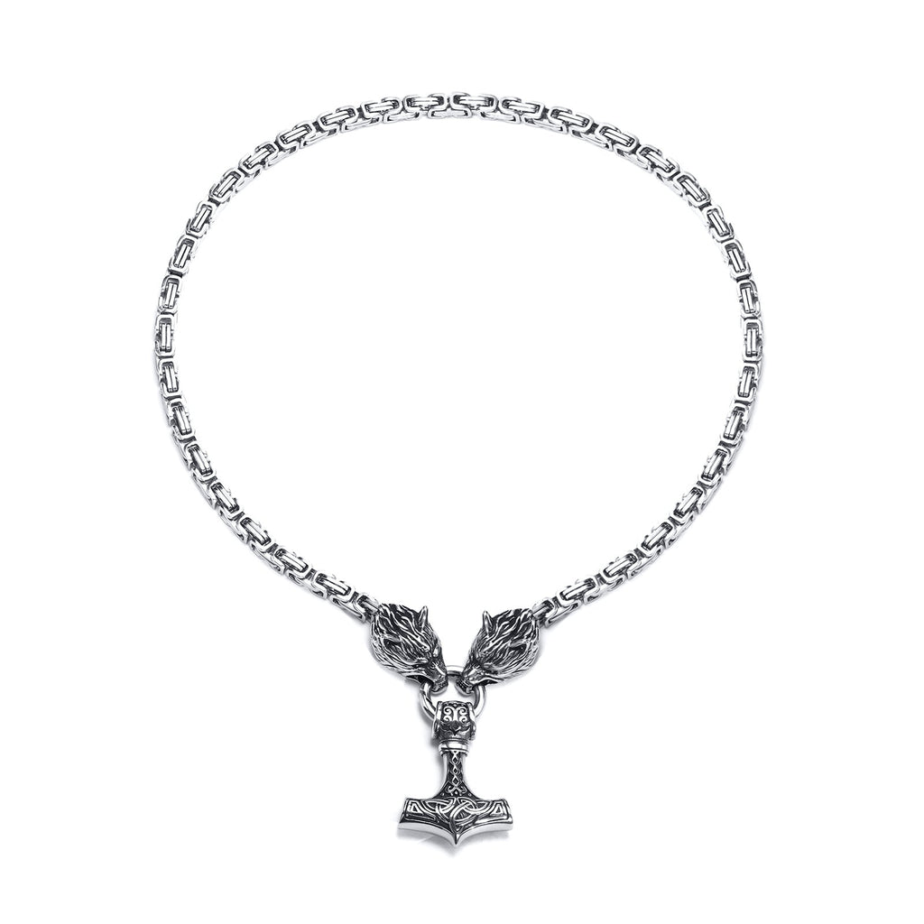 Wolf Head Mjolnir Necklace – Byzantine Chain