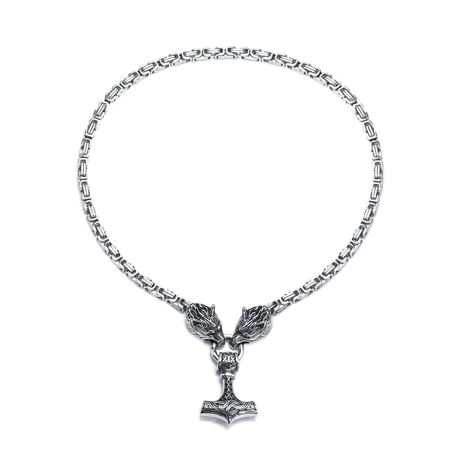 Wolf Head Mjolnir Necklace – Byzantine Chain