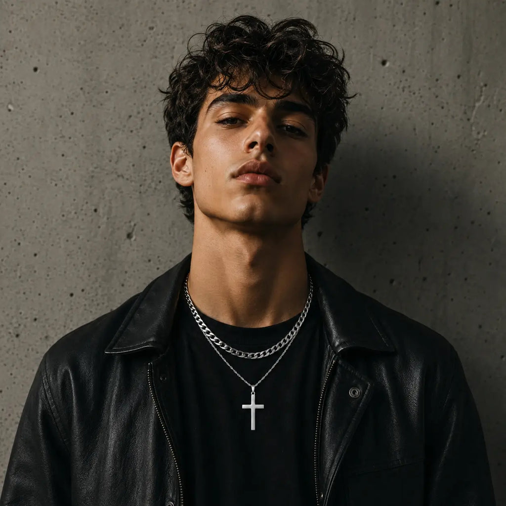 Layered Cuban & Rope Chain Cross-Shaped Necklace