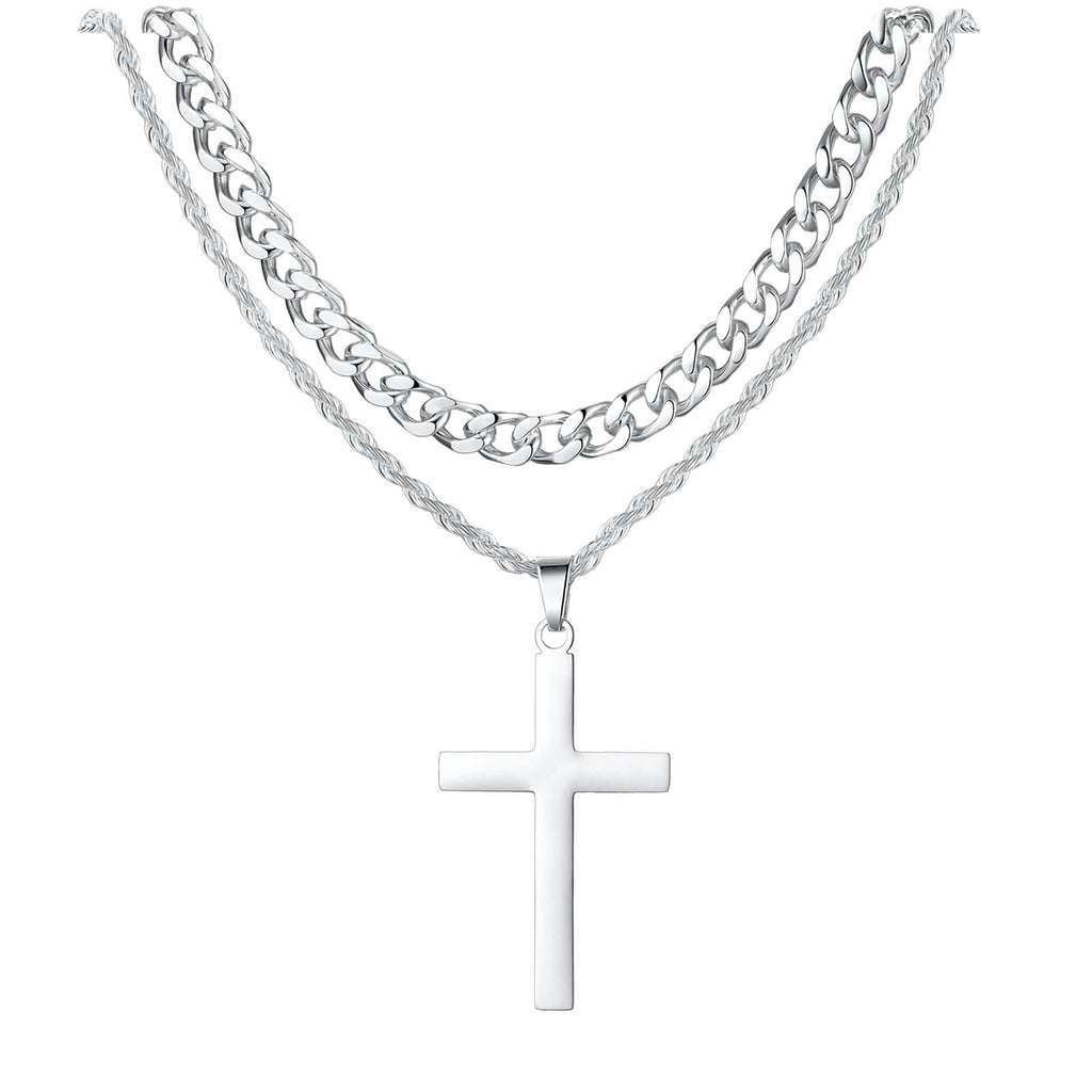 Layered Cuban & Rope Chain Cross Necklace