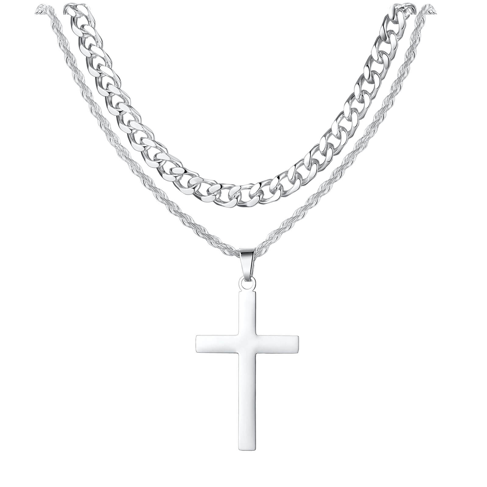Layered Cuban & Rope Chain Cross Necklace