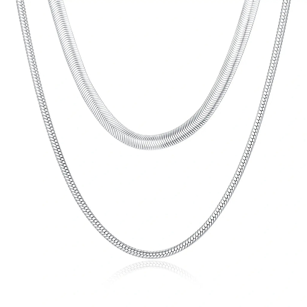 Layered Snake & Herringbone Stainless Steel Chain Necklace