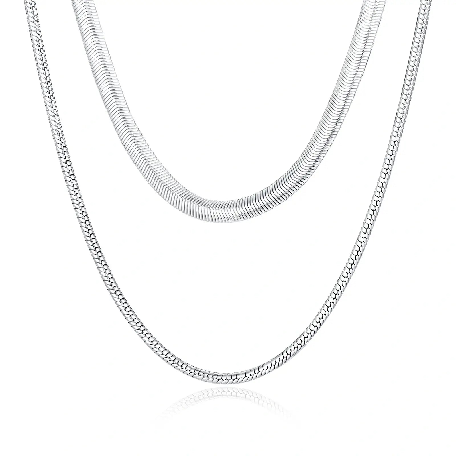 Layered Snake & Herringbone Stainless Steel Chain Necklace
