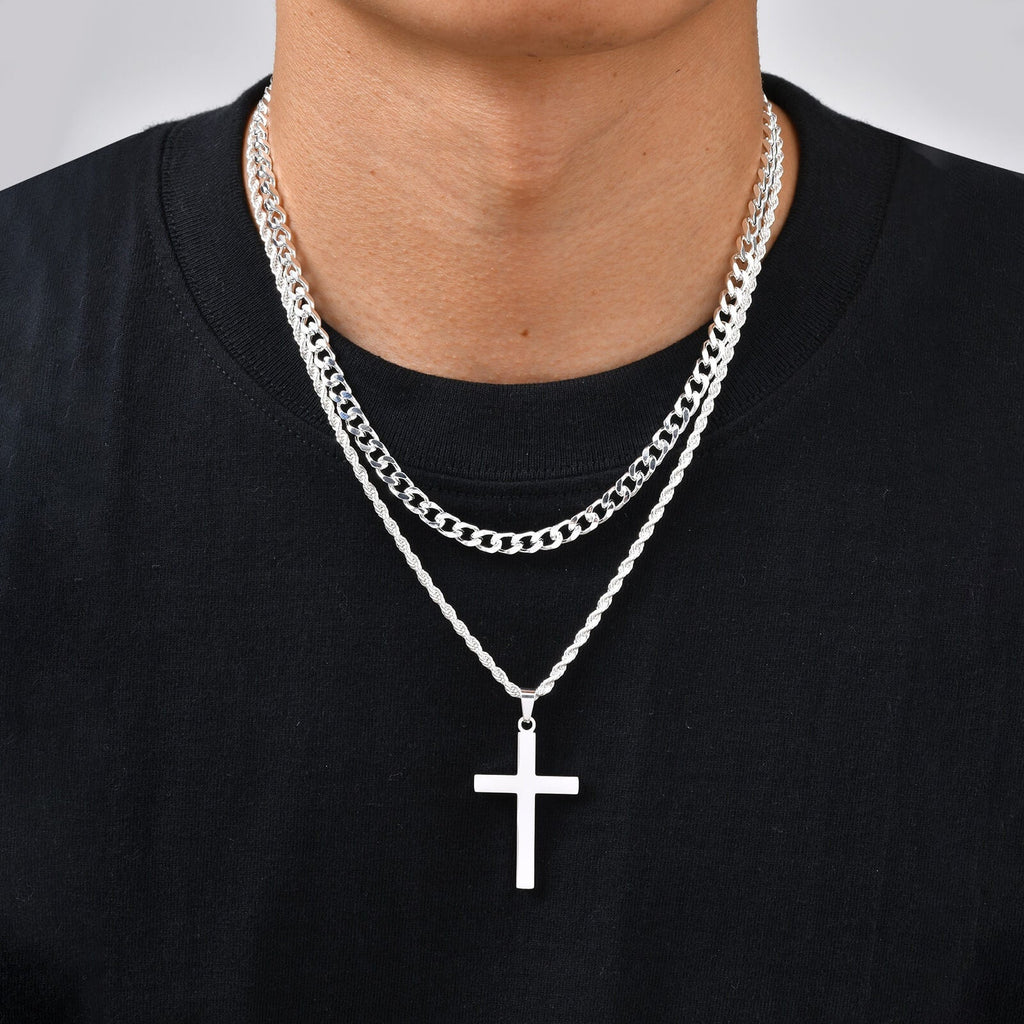 Layered Cuban & Rope Chain Cross Necklace