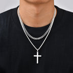 Layered Cuban & Rope Chain Cross Necklace