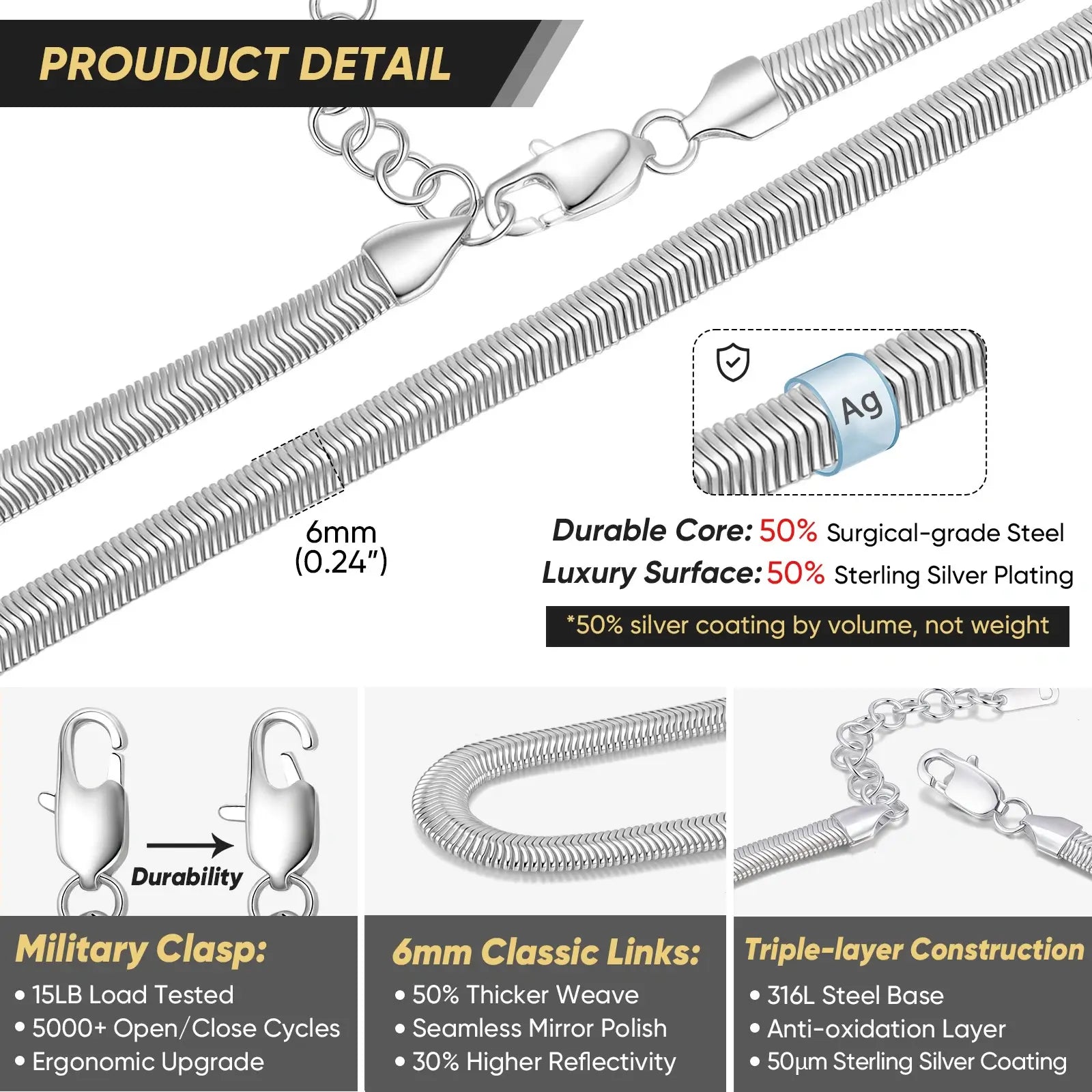 Layered Snake & Herringbone Stainless Steel Chain Necklace