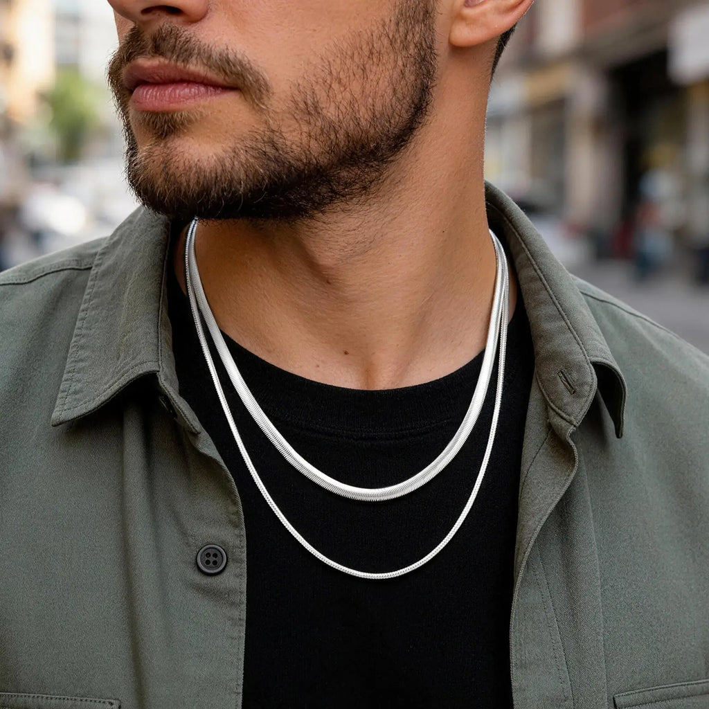 Layered Snake & Herringbone Stainless Steel Chain Necklace