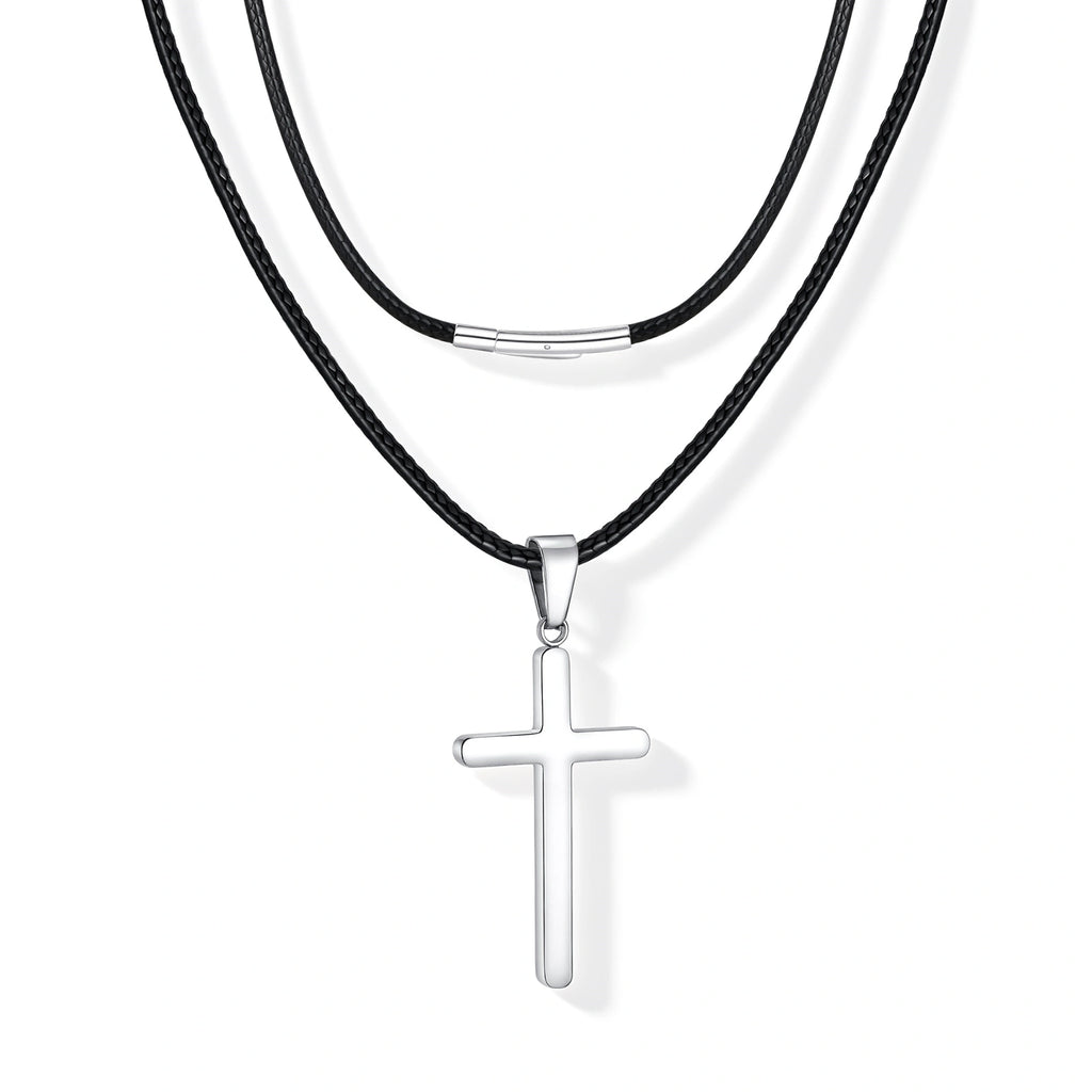 Stainless Steel Cross Pendant Waxed Cord Necklace