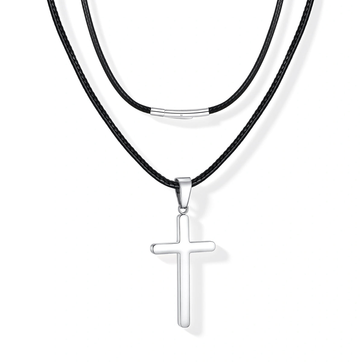 Stainless Steel Cross Pendant Waxed Cord Necklace