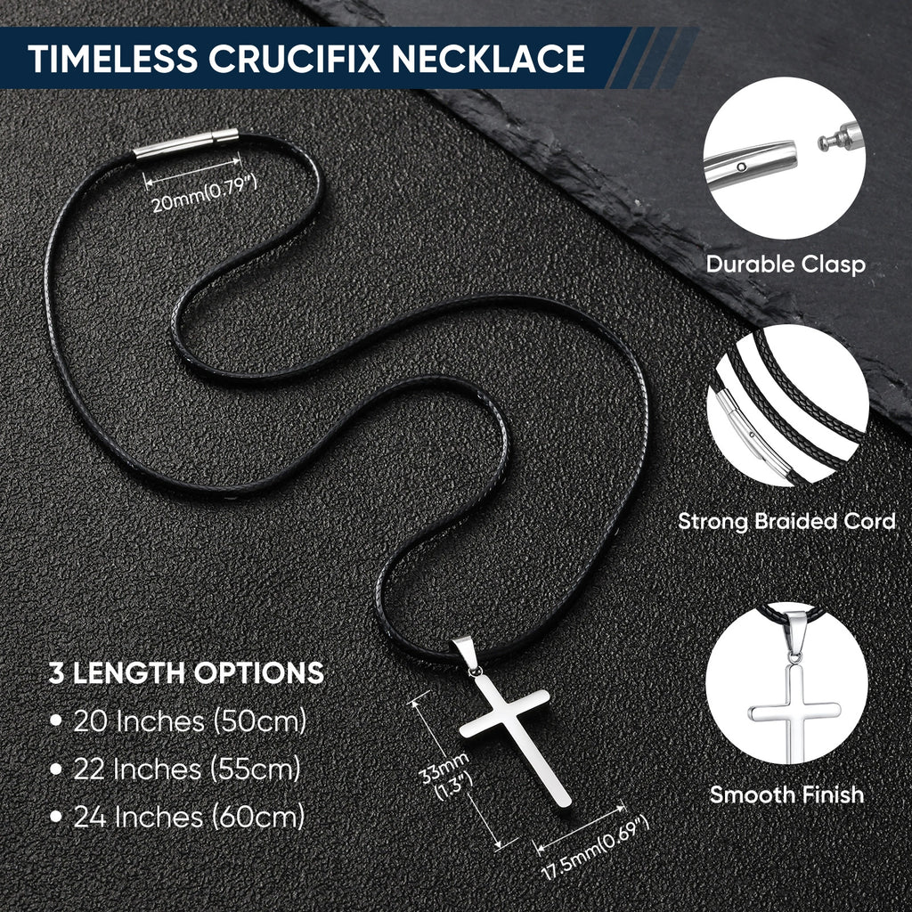 Stainless Steel Cross Pendant Waxed Cord Necklace