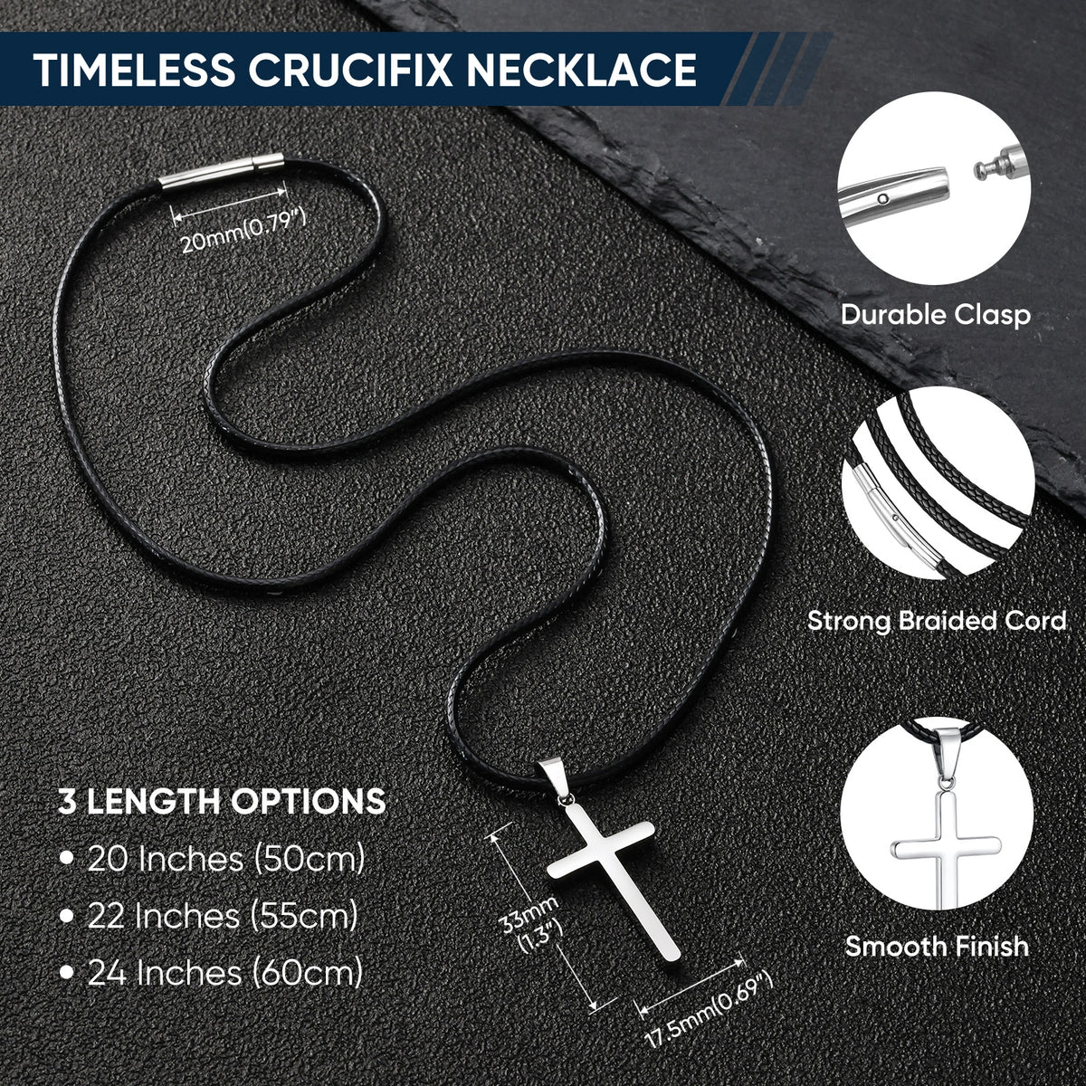 Stainless Steel Cross Pendant Waxed Cord Necklace