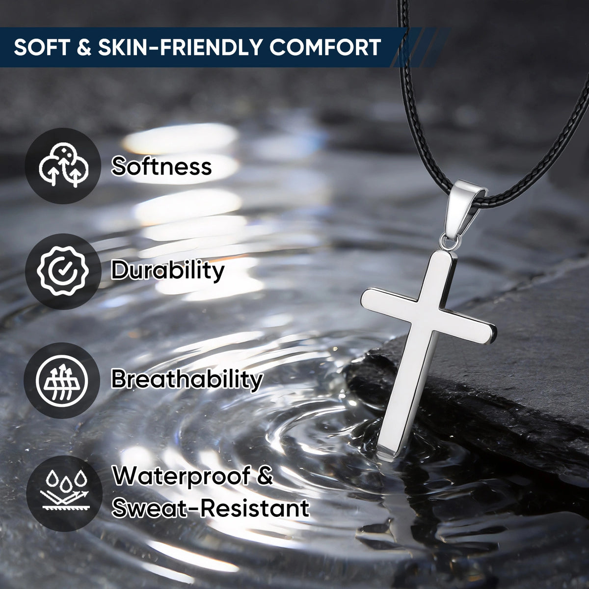 Stainless Steel Cross Pendant Waxed Cord Necklace