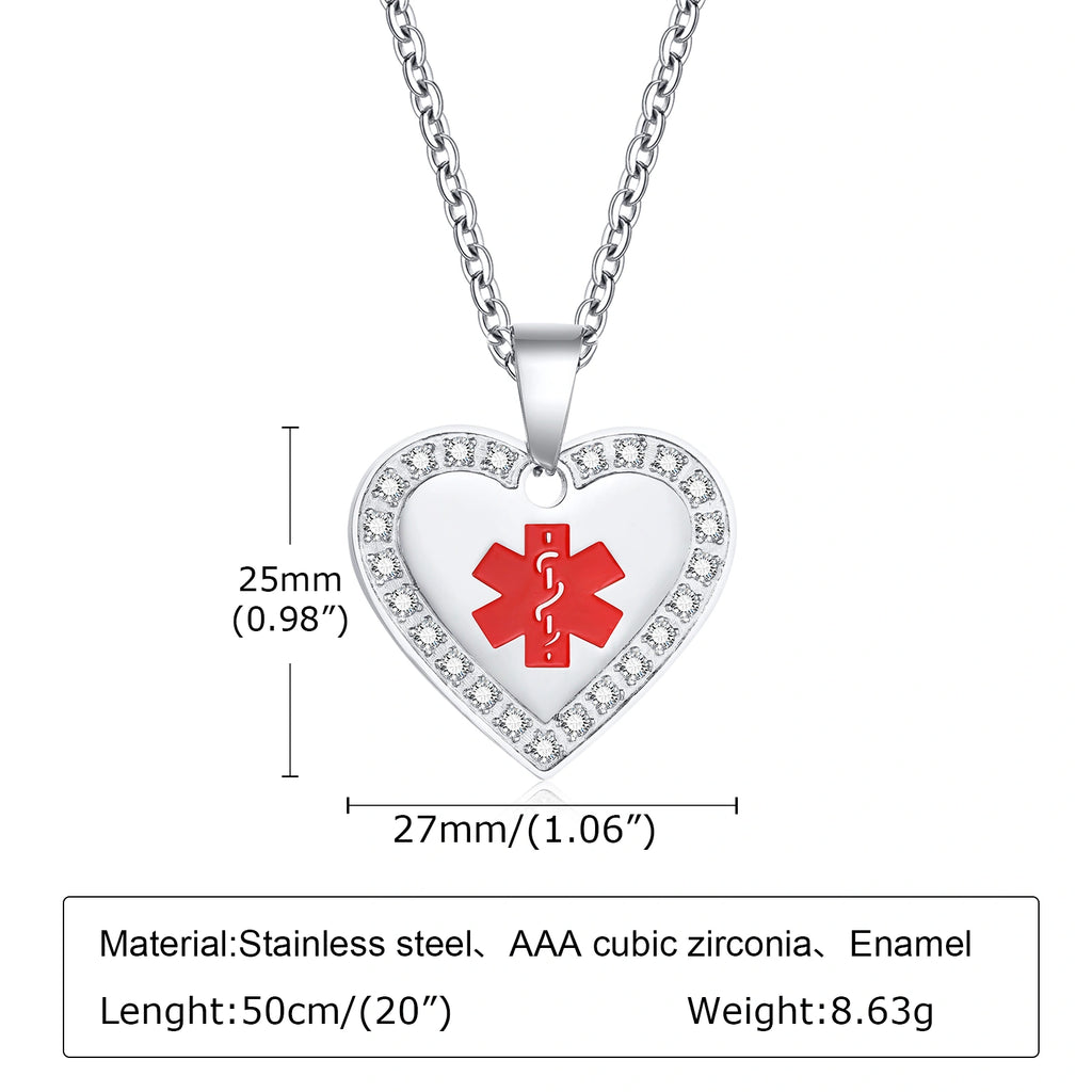 Custom Engraved Stainless Steel Cubic Zirconia Heart Medical Alert Necklace