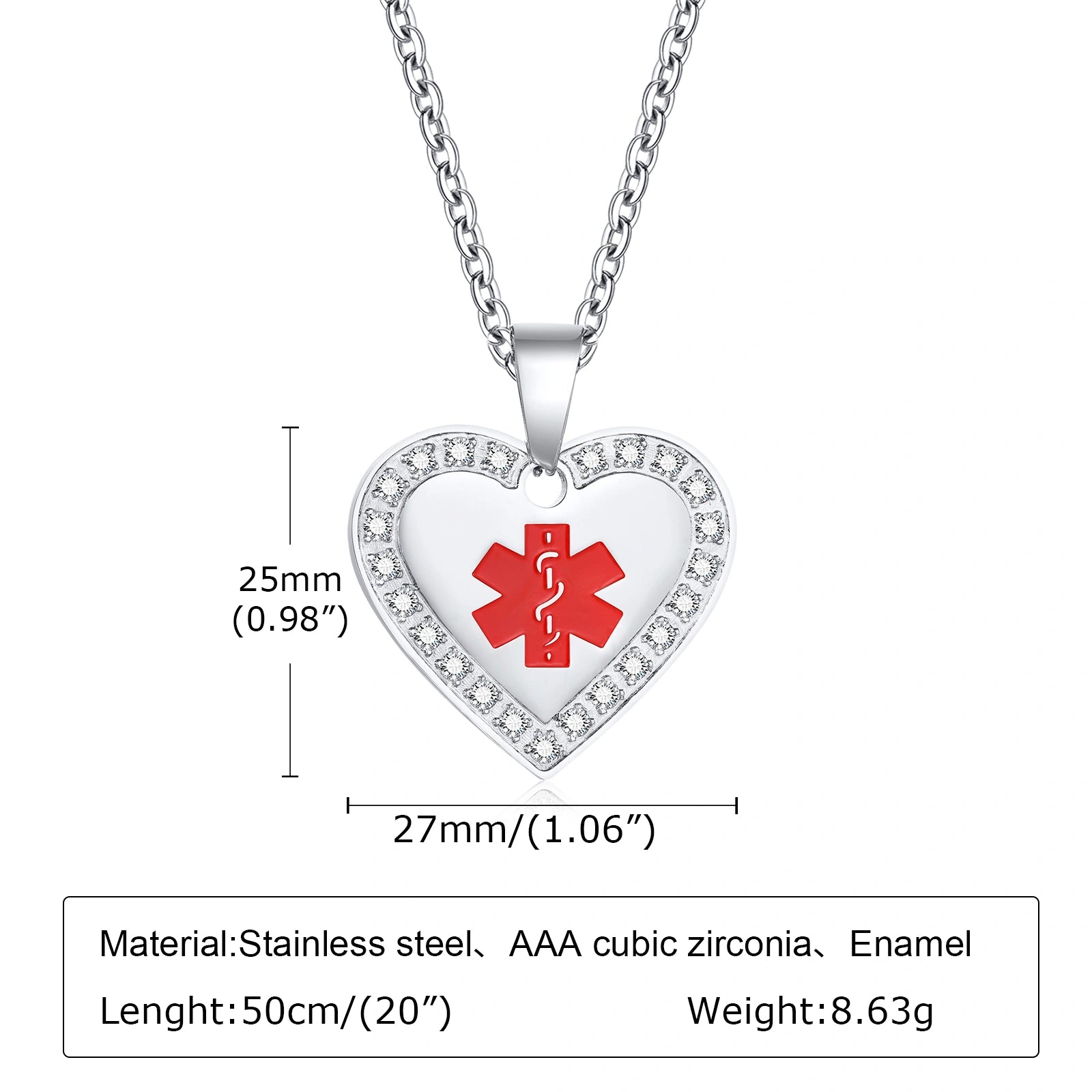 Custom Engraved Stainless Steel Cubic Zirconia Heart Medical Alert Necklace