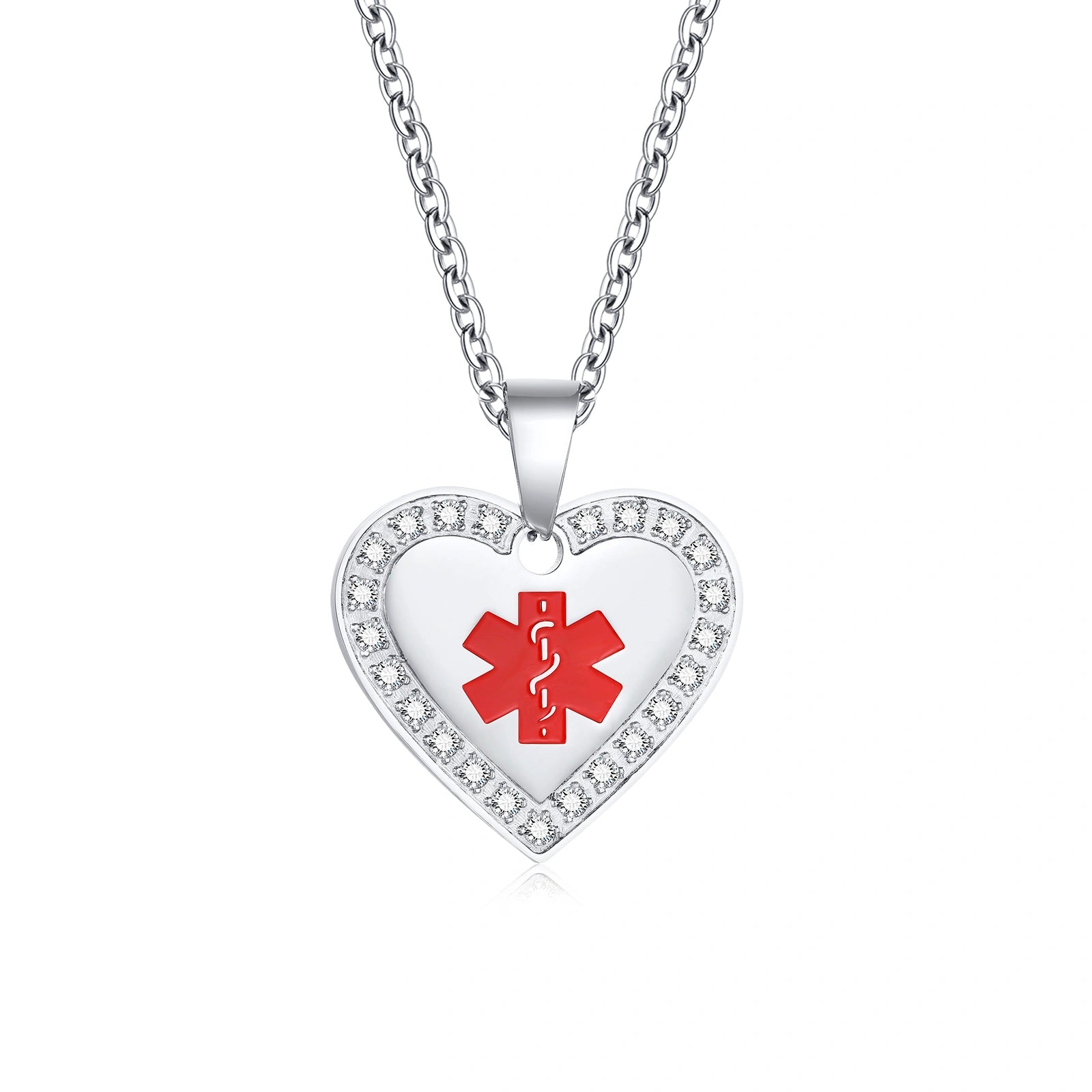 Custom Engraved Stainless Steel Cubic Zirconia Heart Medical Alert Necklace